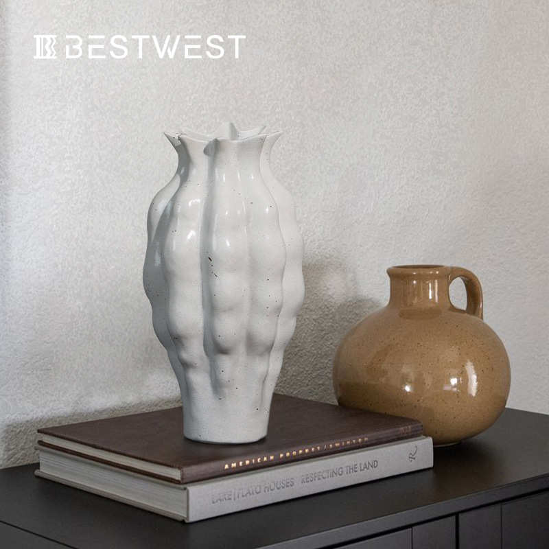 家居土黄色中式客厅摆件 家居新棕色大肚陶瓷西博陶罐器花花瓶