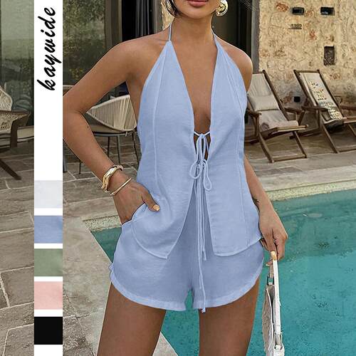 Womens Solid Color Tie Back Top Shorts Set Casual Fashion