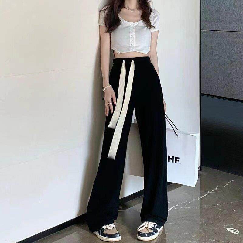 极速抽绳阔腿裤女春秋新款高腰显瘦直筒拖地长裤韩版学生百搭休闲