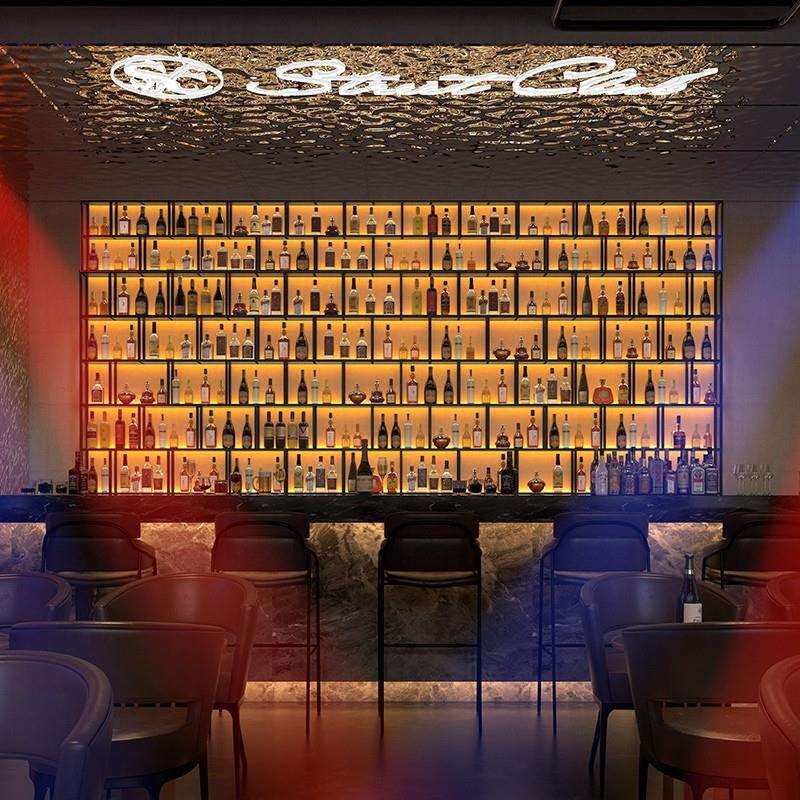 餐厅铁艺隔断酒架装饰酒吧吧台壁挂落地发光红酒啤酒柜置物展示架