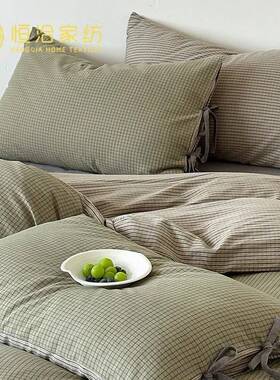 简约风超柔全棉水洗棉四件套格子提花纯棉被套柔软床上用品绿蓝色