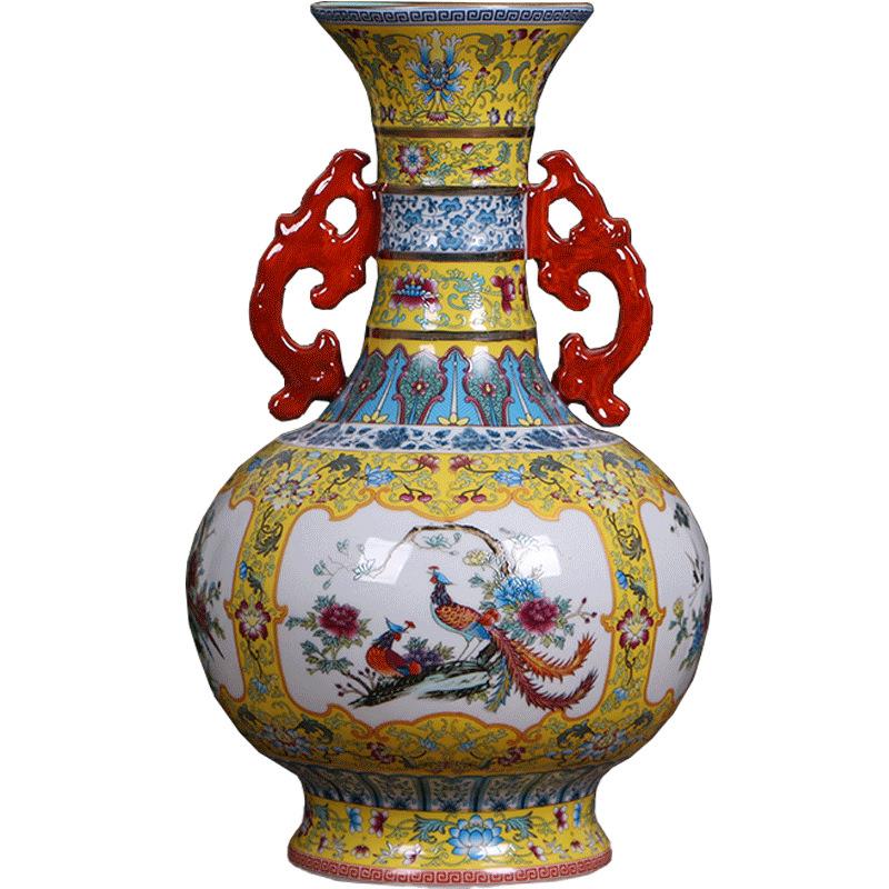 景德镇陶瓷花瓶仿古中式瓷器装饰品摆件工艺品珐琅彩开窗双耳赏瓶