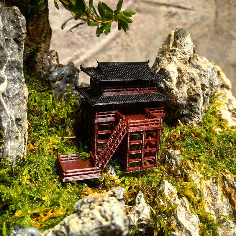 两层吊脚楼造景小摆件古建筑模型书房假山水陆缸鱼缸庭院盆景素材
