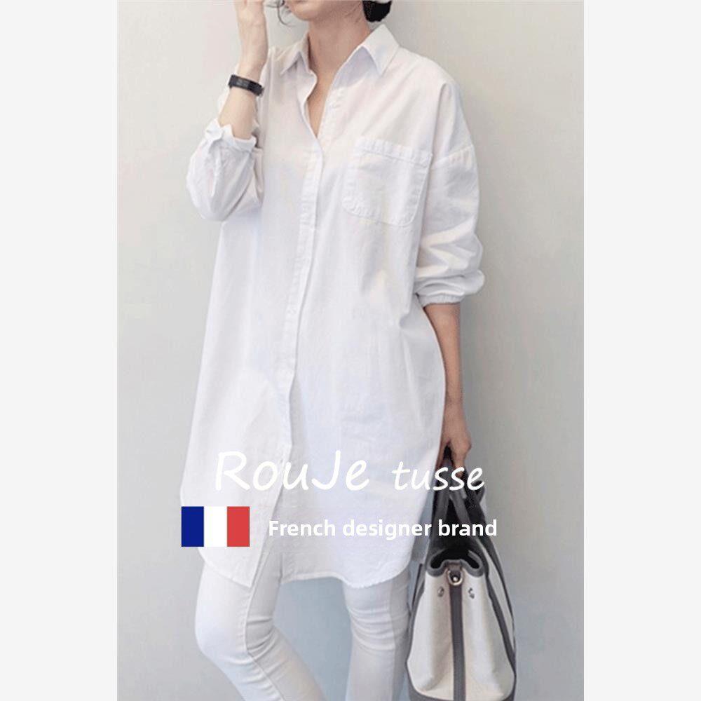 Rouje tusse宽松bf风2025夏季中长款白色衬衫女大码长袖衬衣女