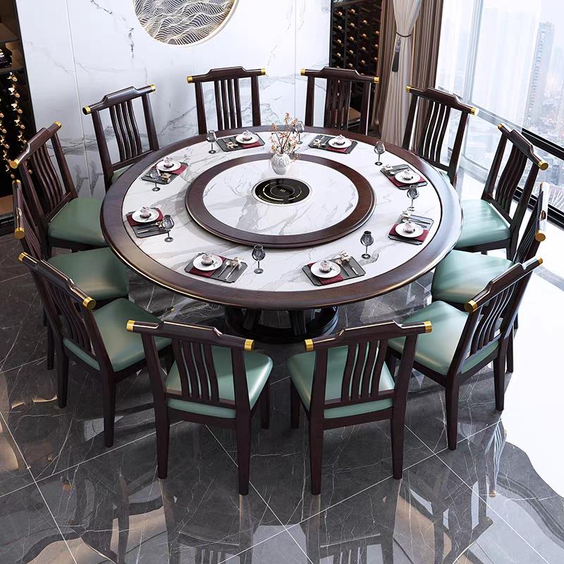 新中式实木岩板圆形餐桌椅组合家用带转盘餐桌饭厅电磁炉火锅饭桌
