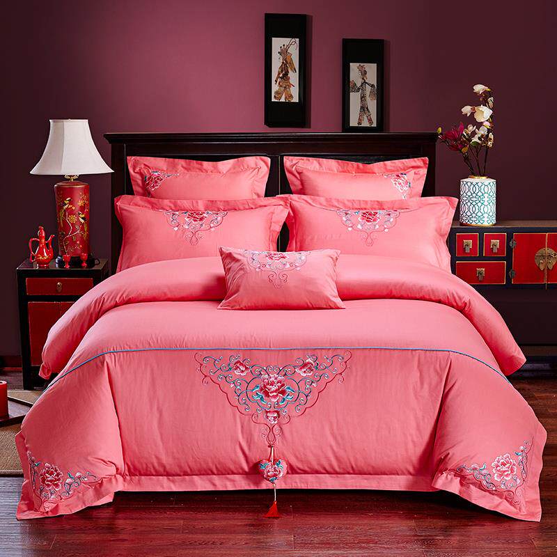 高档婚庆四件套粉色蕾丝公主结风婚新婚婚礼房床婚床品被套六八十