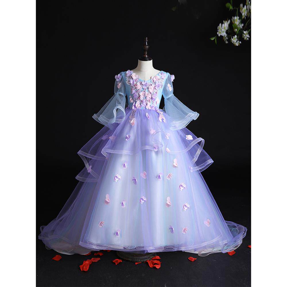 女童晚礼服公主裙蓬蓬纱小孩花童婚纱儿童主持走秀拖尾演出服洋气