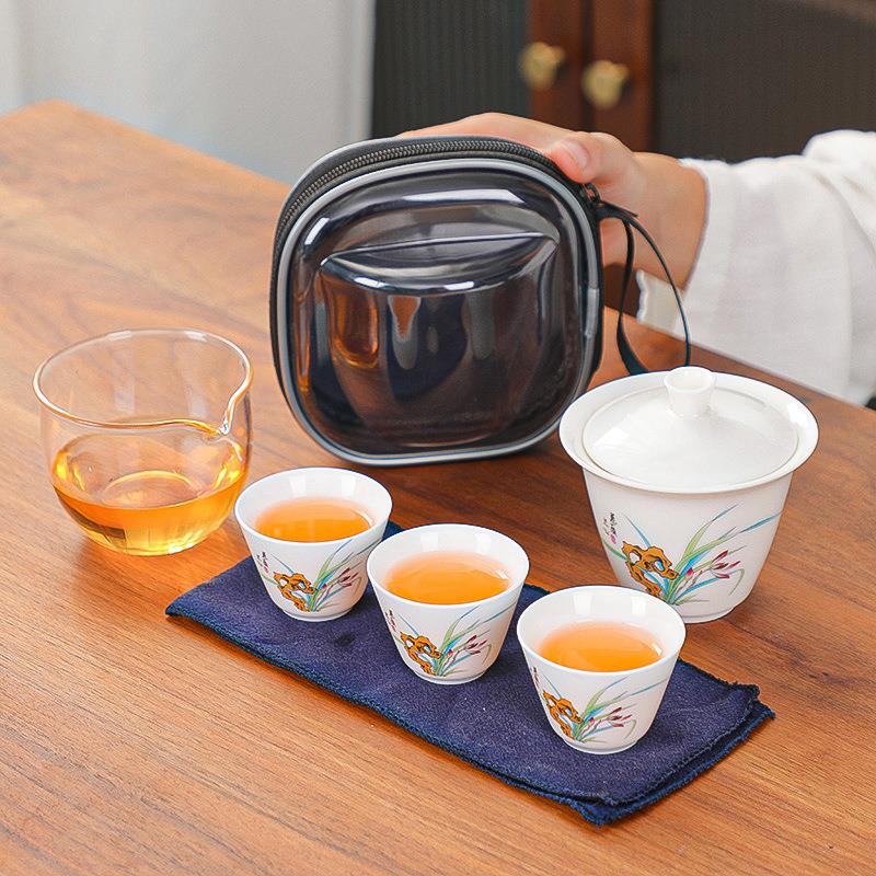 旅行茶具套装户外快客杯大容量便携式茶具羊脂玉露营茶具一壶三杯