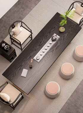 中合式实木茶桌椅组工作室接新待办公室茶桌黑色碳化客GEC家用厅