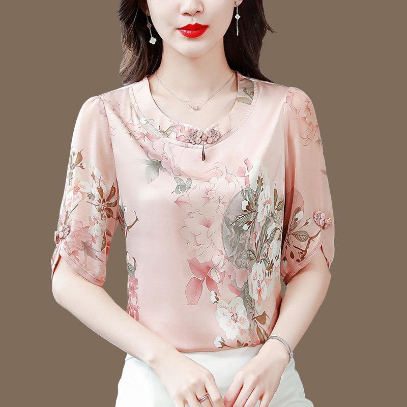 真丝衬衫女夏季2025新款时尚洋派高端百搭修身显瘦桑蚕丝短袖t恤