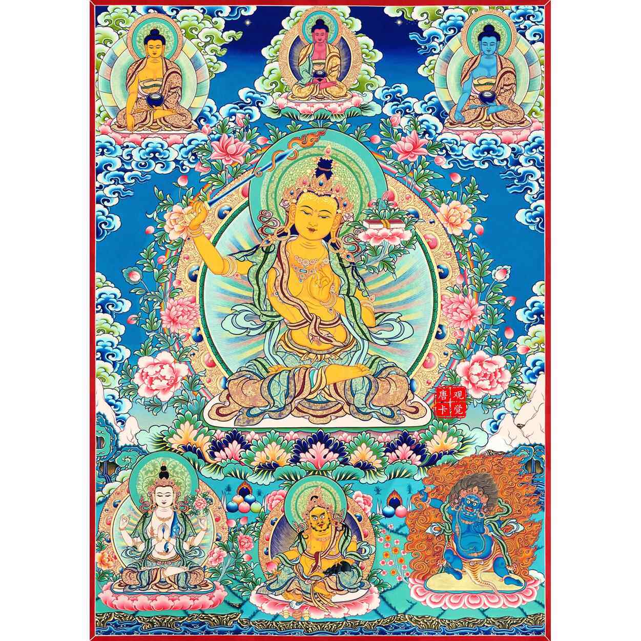 文殊菩萨唐卡画 画像西藏热贡手绘覆制家居佛堂玄关装饰挂画 画观