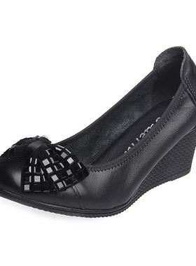 正品超软底不磨脚舒适鞋真皮女坡跟上圆头单休闲妈妈鞋班皮鞋工作