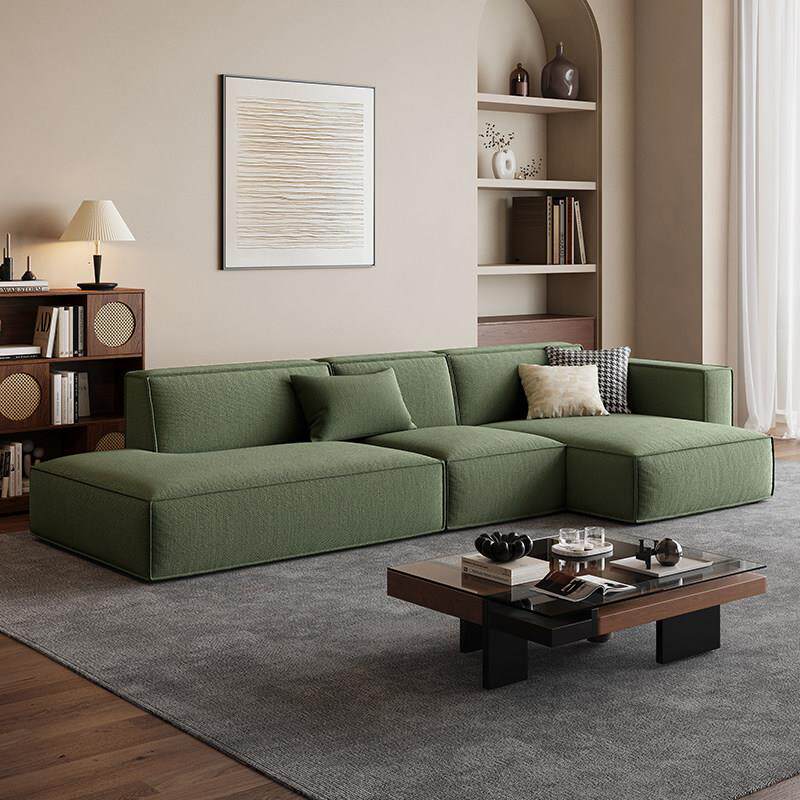 现代复古风绿色可拆洗棉麻布艺沙发客厅直排简约豆腐块沙发家用款