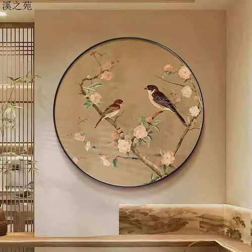 中古风客厅装饰画喜上枝头玄关入户正对门壁画宋代美学圆形挂画