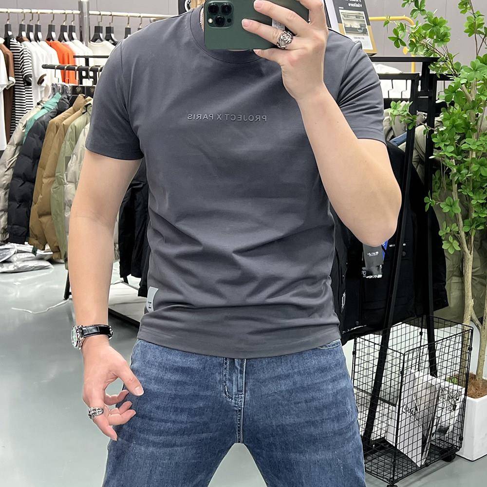 简约字母短袖T恤男装上衣圆领半袖打底衫修身丝光棉夏季新款百搭