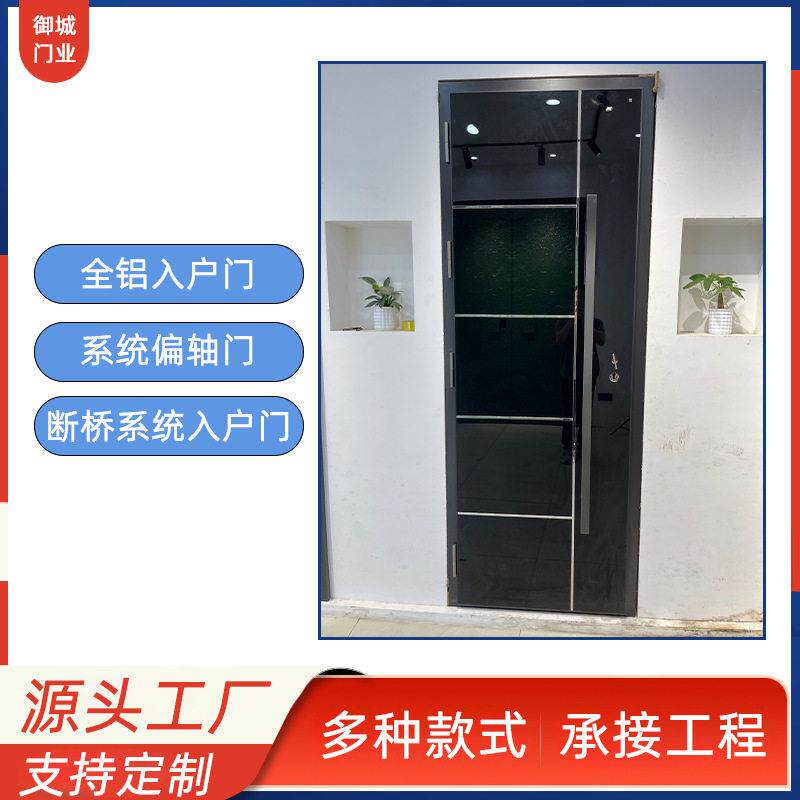 镜面转轴入户门地弹门黑玻入户门偏轴门玻璃门贸易大门