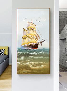 一画帆顺现20651代简约玄风关装饰版竖帆船大气过道壁画入户玄关