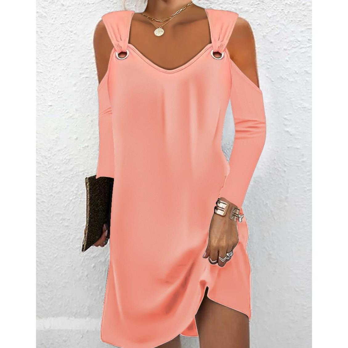 Simple solid color metal button V-neck dress for women