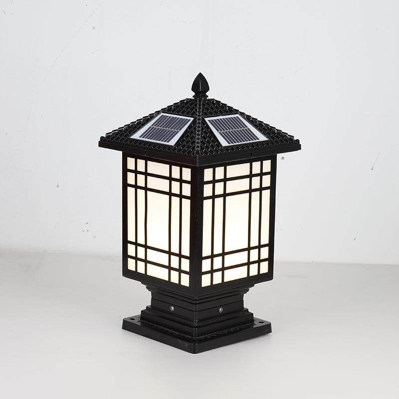 仿古太阳能柱头灯户外庭院景观灯新中式古风装饰灯十字格柱头灯