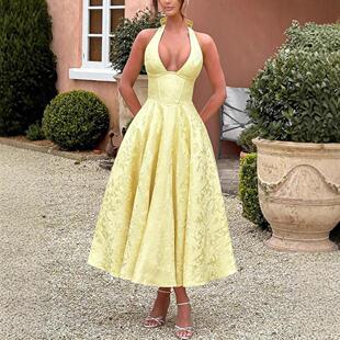 New Womens VNeck Halter Sleeveless Dress Jacquard TieWaist