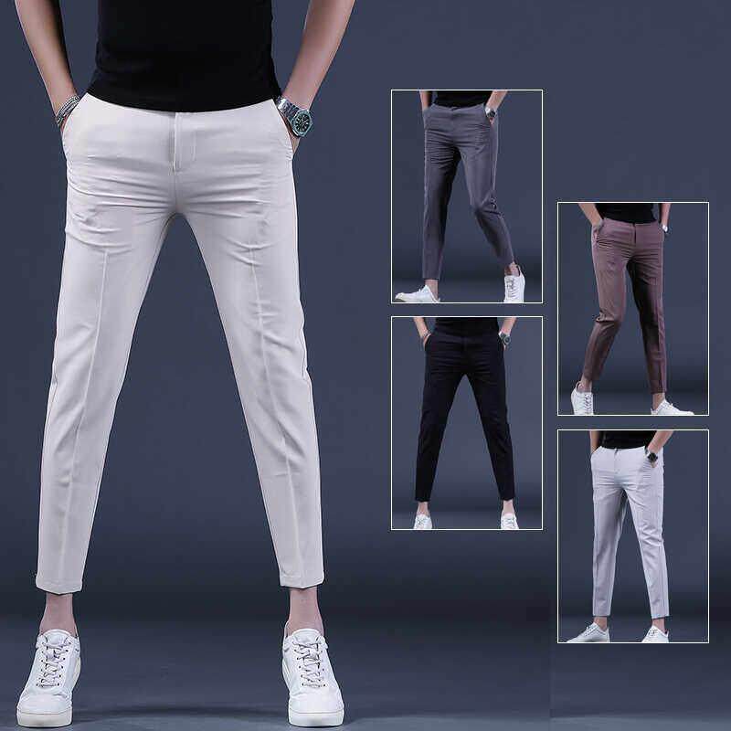 欧洲站男士冰丝九分裤夏季薄款青年修身透气商务纯棉冰丝休闲裤潮