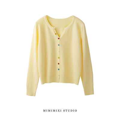 MIMIMIXI v领毛衣开衫女外套鹅黄色针织衫2025超火彩扣软糯上衣