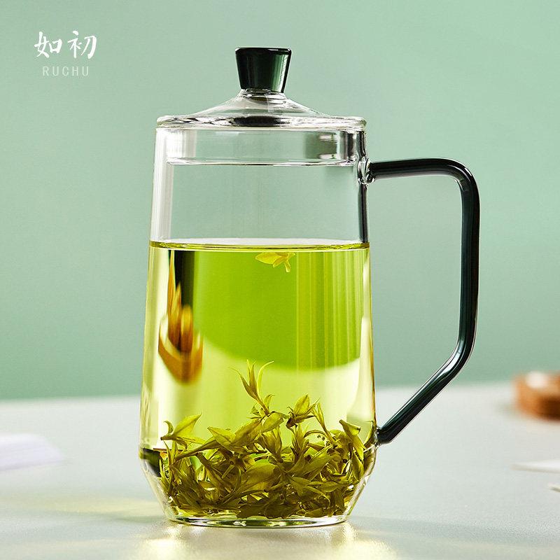高硼硅带把手玻璃绿茶杯加厚耐热泡茶杯带盖高颜值办公室喝水杯子图片