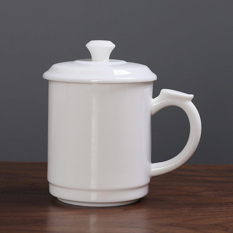 羊脂玉白瓷水杯陶瓷家用办公杯个人杯带盖子茶杯泡茶杯会议杯子定