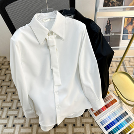 高级感领带垫肩设计衬衫男垂坠感小众大尖领宽松法式白色长袖衬衣