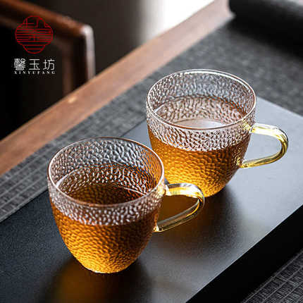 馨玉坊日式锤纹玻璃茶杯大号功夫茶杯品茗杯耐热主人杯单杯带把