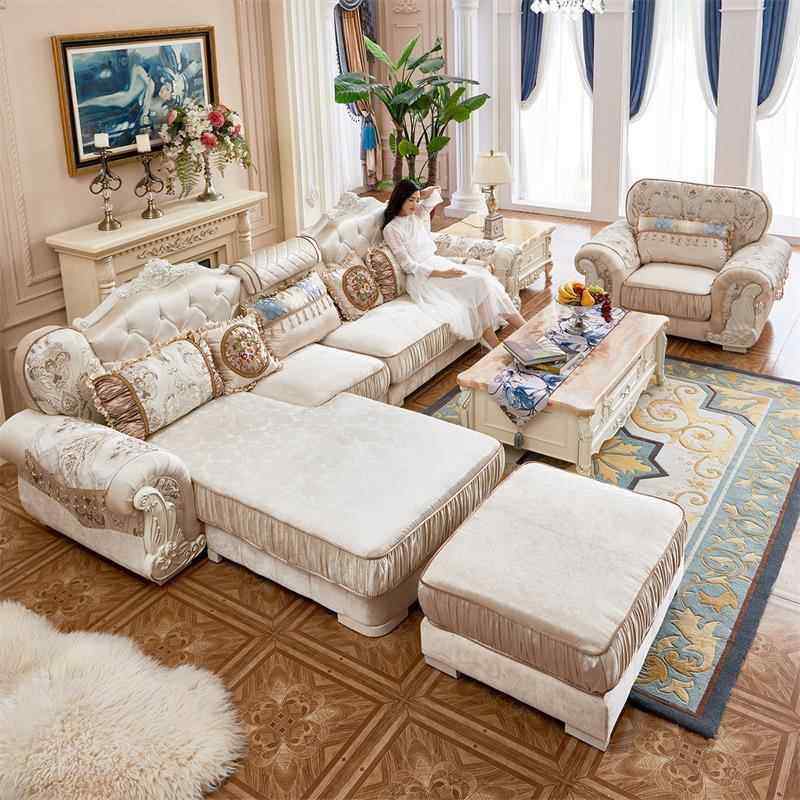 简约欧式布艺沙YYQ发组合实木贵妃客转角厅小具户代型现家套装