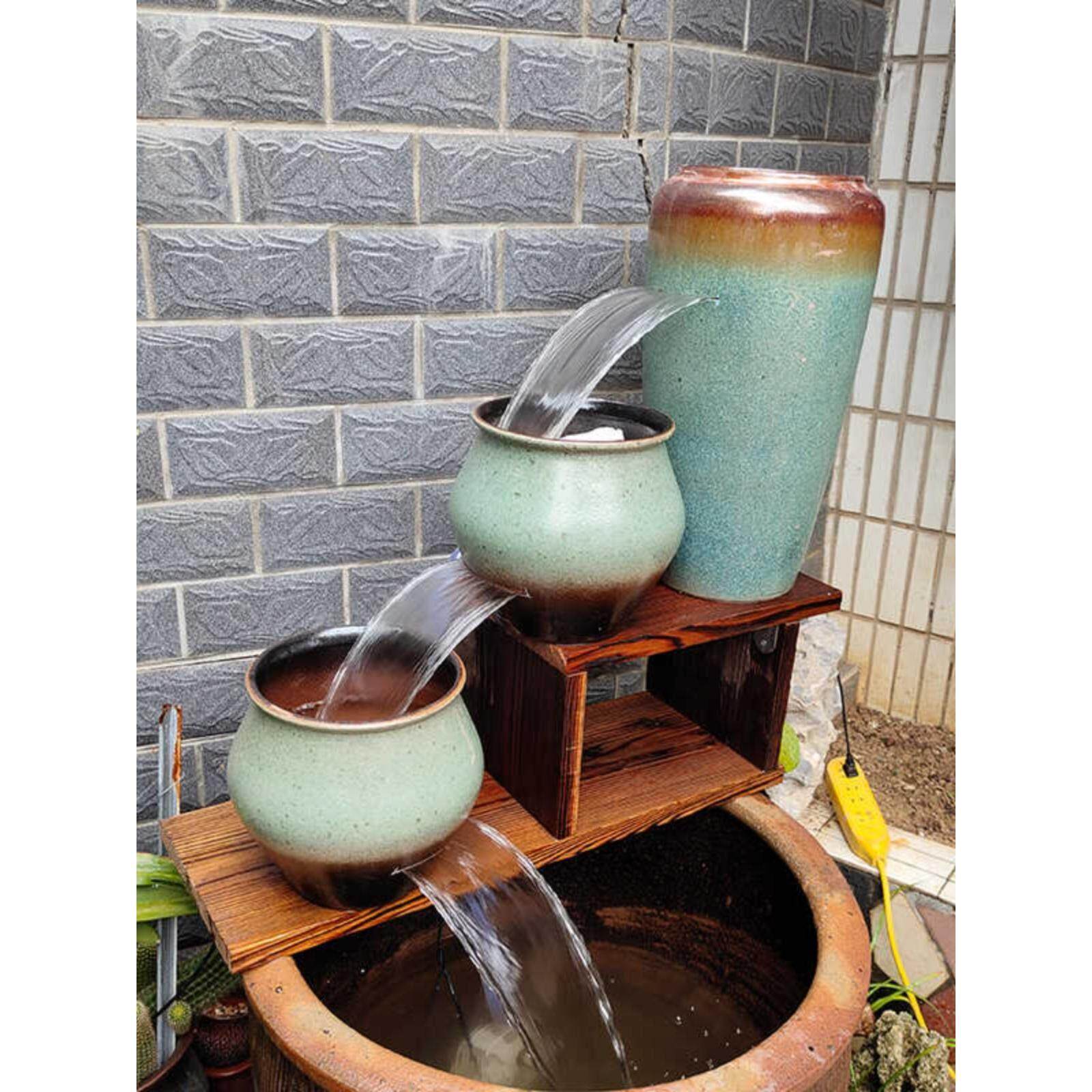 流水瀑布生态缸古法养鱼鱼造景创意摆件庭院鱼池过滤循环流水陶罐