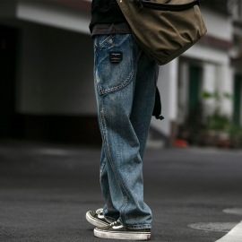 石墨水洗牛仔裤男潮牌春夏，宽松直筒阔腿裤，松紧飘带哈伦休闲长裤潮