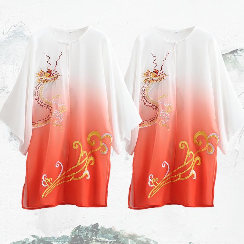 高档极服外搭披纱夏中国风武术练功男女太极团队表演渐变披刺太春图片