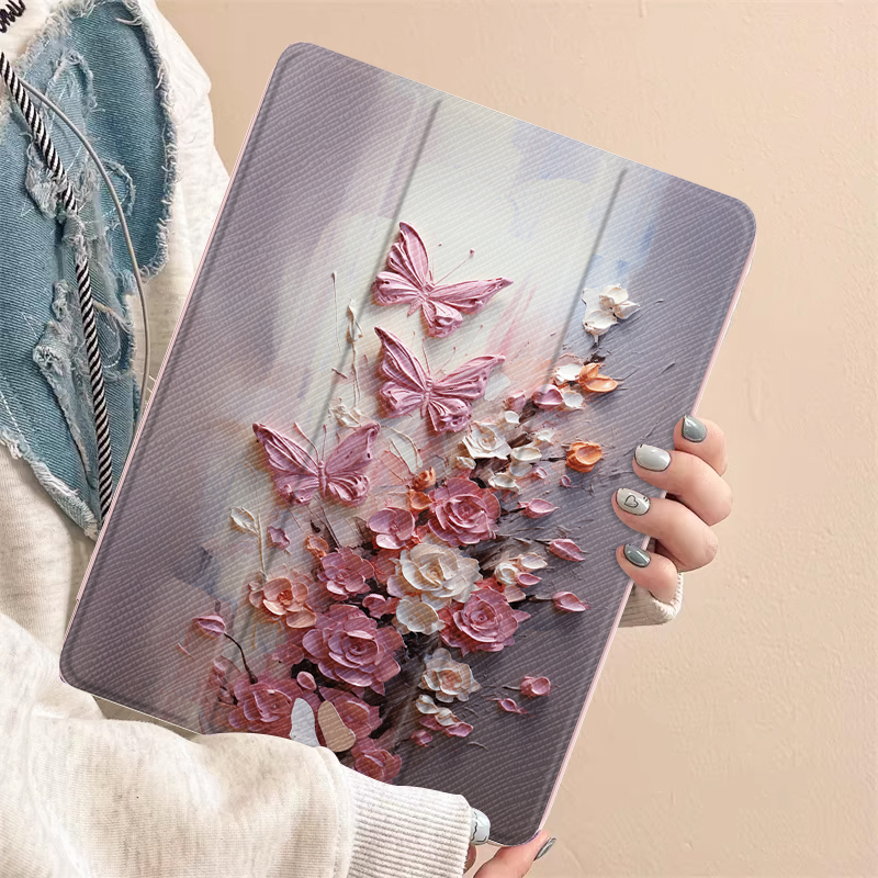 适用于【进口超纤皮】白玫蝴蝶适用ipad11保护壳11代ipadair7套新款ipadpro2024平板10代mini7带笔槽三折13寸