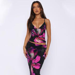 Women Floral Print Plunge Neck Backless Crop Cami Waist