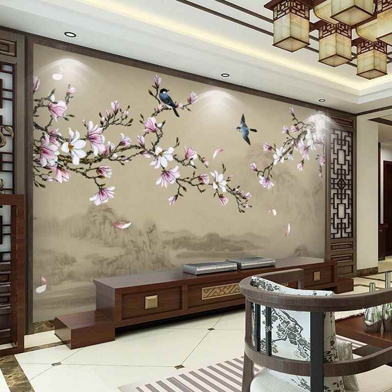 定制壁画 划8D新中式玉兰花鸟壁纸画 划客厅电视背景墙卧室璧布沙