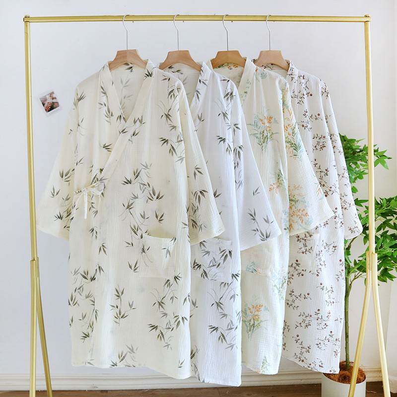 日式和服睡袍女士纯棉纱布印花中长款家居浴袍透气汗蒸服宽松休闲