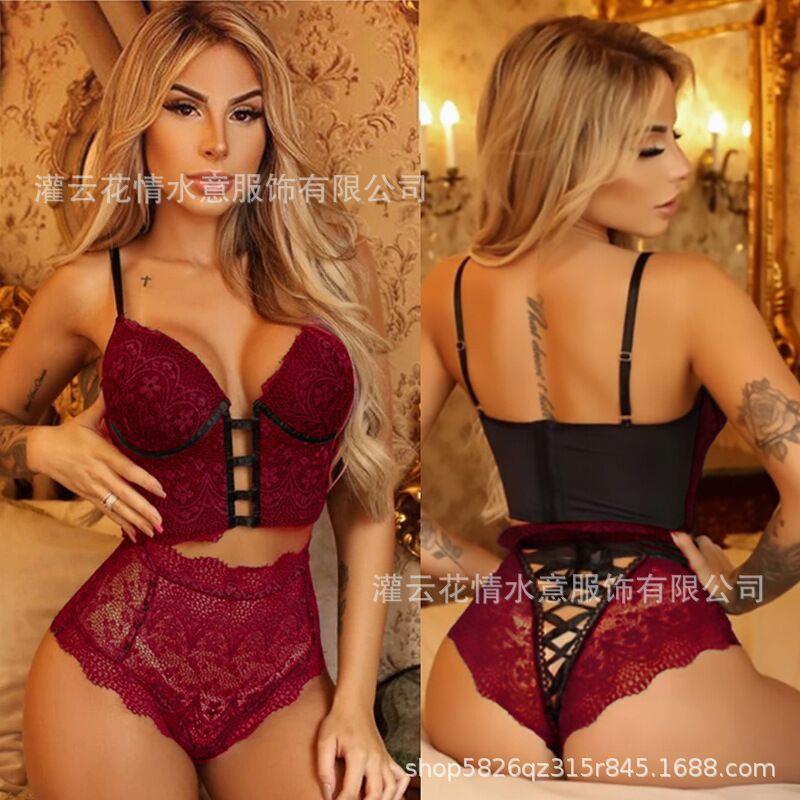 Deep V perspective black sexy lace womens three-point
