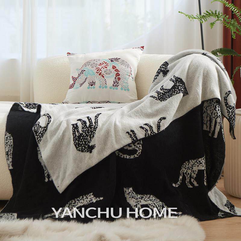 北欧高级毛毯针织毯覆古客厅沙发毯休闲毯民宿毯子午睡毯黑色盖毯