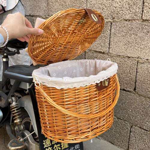 折叠自行车车筐复古编织车筐两用篮子前车筐滑板车前车篓手提菜篮
