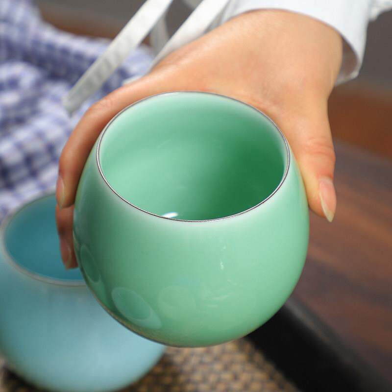 龙泉青瓷茶杯陶瓷杯子家用个人泡茶杯绿茶杯托烧手捧杯透光主人杯