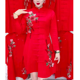 2023年秋季唐装女中长款中国风牡丹花盘扣长袖旗袍红开衫外套上衣
