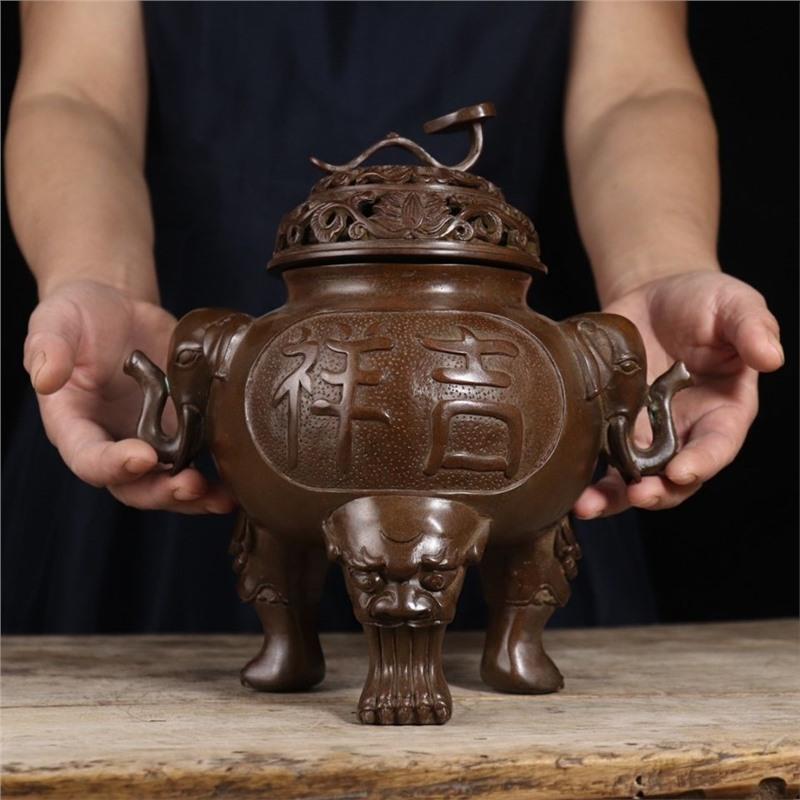 精品仿古铜器 典藏铜制象耳三足熏炉 古玩 家居装饰摆设