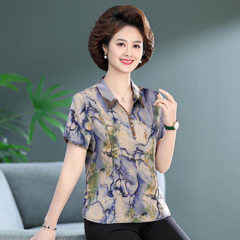 中老年人夏装女真丝衬衫短袖妈妈桑蚕丝上衣T恤薄款奶奶新款小衫