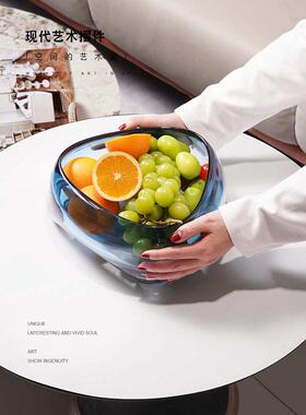简约现代蓝色茶色透明玻璃水果盘摆件 餐桌样板间收纳托盘水果盘