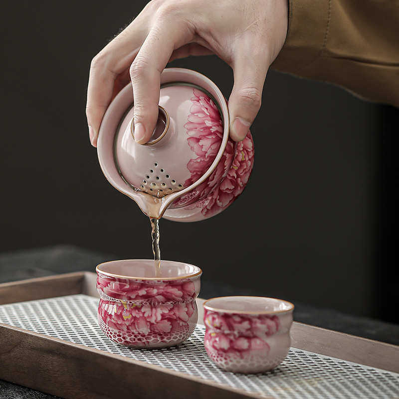 粉汝窑茶壶功夫茶具一壶两杯茶杯女汝瓷旅行茶具套装快客杯便携装