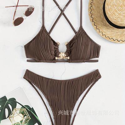 Strap hollow solid color swimsuit set吊带镂空纯色比基尼套装