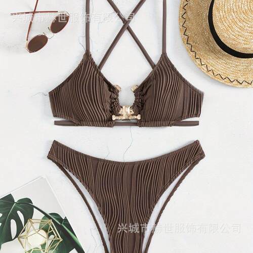 Strap hollow solid color swimsuit set吊带镂空纯色比基尼套装