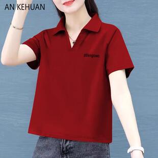 欧洲站纯棉短袖女t恤中年夏装新款妈妈女士夏季中年翻领红色POLO
